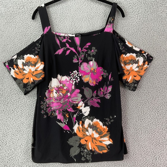 INC International Concepts Tops - Floral Cold-Shoulder Women's Top in Black with Pink & Orange Blooms